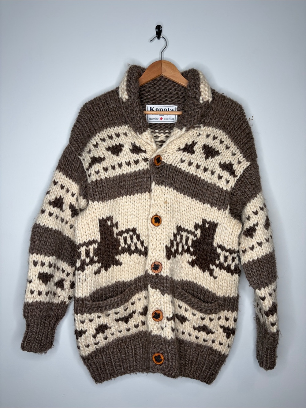 Kanata Hand Knit Thunderbird Wool Button Up Sweater: Size Large